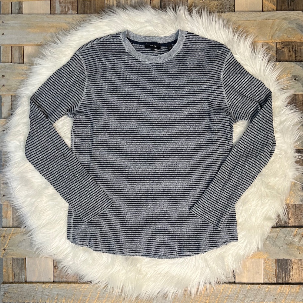 Like New [Vince.] Micro Stripe Gray & Navy Long Sleeve Thermal Tee Shirt | Large